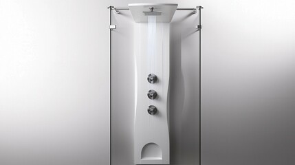 A luxury walk-in shower interior design on a white background, featuring a frameless glass enclosure, sleek wall-mounted fixtures, and a rainfall shower head. The minimalist design combines 