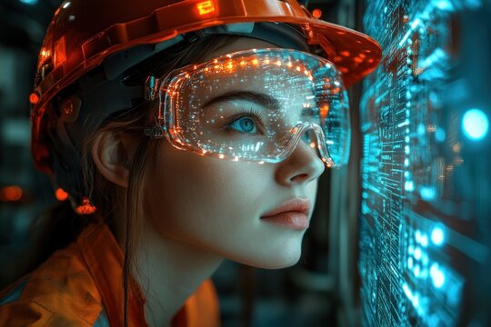 Futuristic Engineers Team in Digital Manufacturing Factory with Holographic Data and Cyberpunk Aesthetic - Powered by Adobe