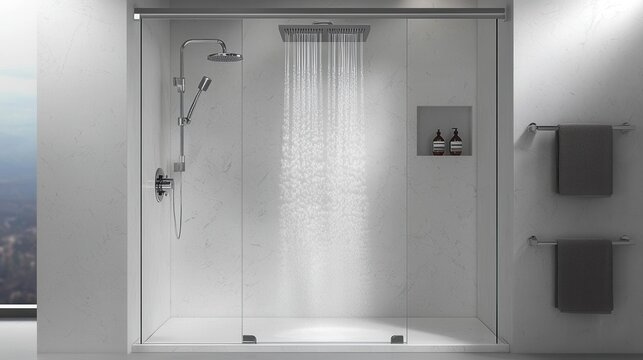 A luxury walk-in shower interior design on a white background, featuring a frameless glass enclosure, sleek wall-mounted fixtures, and a rainfall shower head. The minimalist design combines 