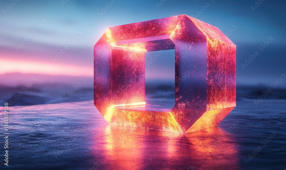Poster Futuristic Hexagonal Iridescent Crystal Shape with Soft Lighting and Gradient Blue Background 3D Render