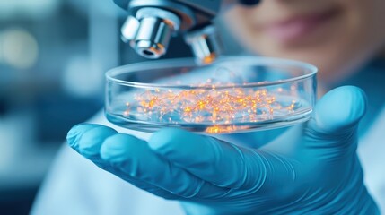 Close up view of scientific research laboratory equipment and scientific investigation analysis with microscope test tubes petri dish and other scientific tools and materials