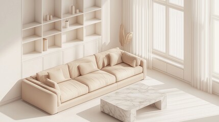 A modern 3D isometric living room illustration on a white background, featuring a neutral-toned L-shaped sofa, a sleek marble coffee table, built-in minimalist shelves, and large windows framed 