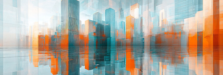Modern abstract painting of a cityscape, with tall buildings and a skyline, generative AI
