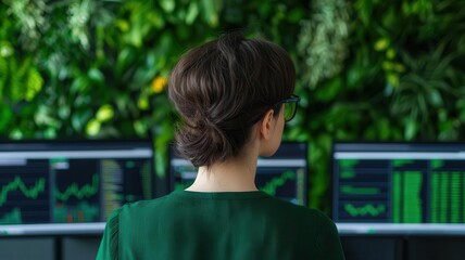 energy stock concept. Environmental investor with a green portfolio, reviewing renewable energy stock market trends on digital screens