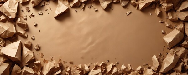 Crumpled brown paper texture with scattered cardboard fragments, paper shreds, cardboard scraps