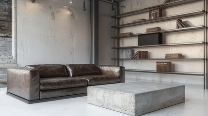 A modern industrial-style living room interior isolated on white, with a sleek leather sofa, a concrete coffee table, and exposed shelving featuring metal accents. The design balances raw materials 