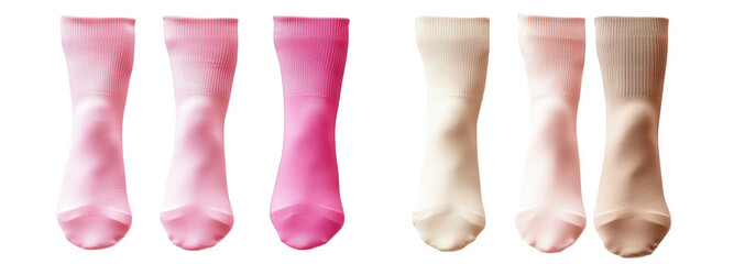 six pairs of socks in various shades of pink and beige are laid out on a transparent background they are all crew socks with a simple design