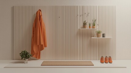 A modern minimalist home entrance setup, featuring a sleek shoe rack, a hanging coat, small decorative plants, and a soft doormat isolated on a clean white background. 