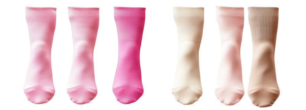 six pairs of socks in various shades of pink and beige are laid out on a transparent background they are all crew socks with a simple design