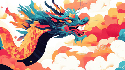 Obraz premium Chinese dragon with horns close-up on white background, stylish illustration