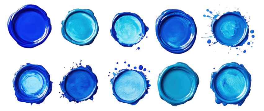 collection of ten blue paint circles with various textures. shapes. and sizes isolated on transparent background