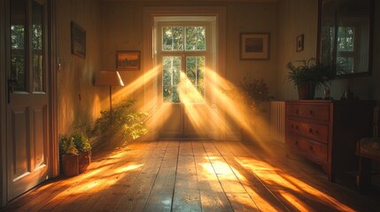 Sunbeams through window on wood floor.