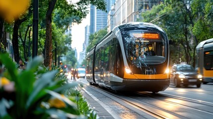Obraz premium A sleek futuristic looking tram traversing through the vibrant bustling city center surrounded by towering glass and steel skyscrapers dense urban infrastructure