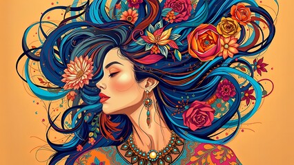 A stylish portrait of a woman with a floral hairstyle, featuring beauty, fashion, and nature elements