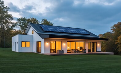 Obraz premium Modern House Design: Solar Panels Powering Eco-Friendly Home with Stunning Night View