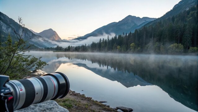 Telephoto lens and camera capturing a stunning sunrise over a misty lake with mountain reflections in the tranquil water, creating a serene and picturesque scene