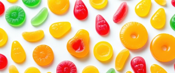 A photograph of a white surface covered in a variety of brightly colored gummy candies. The candies are in various shapes, including hearts, leaves, and teardrops, and are scattered randomly. The colo