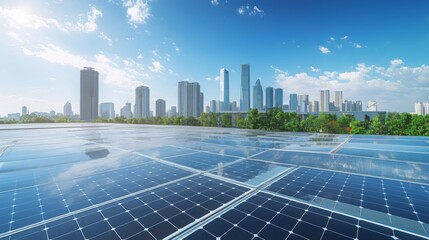 Photovoltaic solar panels on the roof of an apartment building in a tropical climate, with a modern city skyline and clear blue sky in the background. Green plants and a focus on sustainable energy.