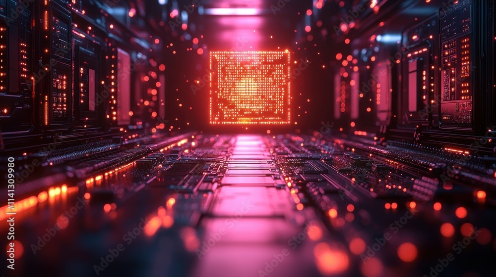 Poster Minimalist Quantum Computer Core with Glowing Qubits and Intricate Circuitry in a High-Tech Lab Environment