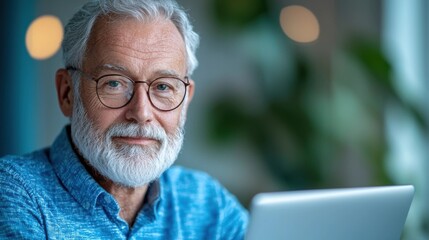 Portrait of a thoughtful gray haired senior man with a beard wearing glasses holding a digital tablet in a professional modern setting conveying a sense of experience wisdom and intelligence