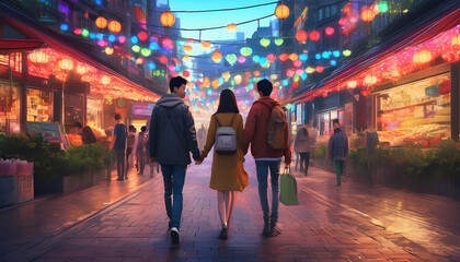 young couple exploring a bustling city street