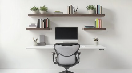 A sleek and modern home office setup on a white background, featuring a minimalist desk with a computer, an ergonomic chair, and stylish shelves with books and decorative plants. The clean and 