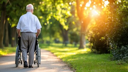 Elderly man in a wheelchair navigating a tranquil park path surrounded by lush greenery and dappled sunlight symbolizing independence freedom and the enjoyment of nature in one s later years