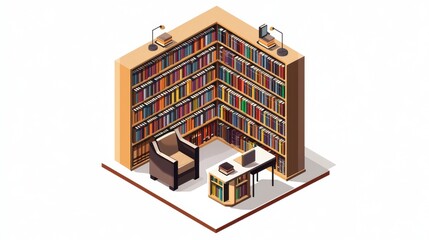 A sleek and stylish 3D isometric home library design, isolated on a white background, featuring tall bookshelves filled with books, a cozy reading nook with an armchair, and a minimalist desk. 