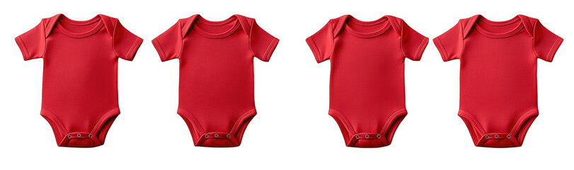 four red baby bodysuits on a white background