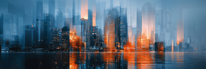 Modern abstract painting of a cityscape, with tall buildings and a skyline, generative AI
