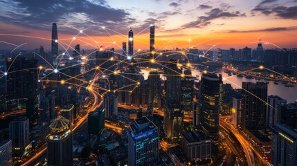 Fototapeta premium Night Cityscape with Glowing Connection Lines