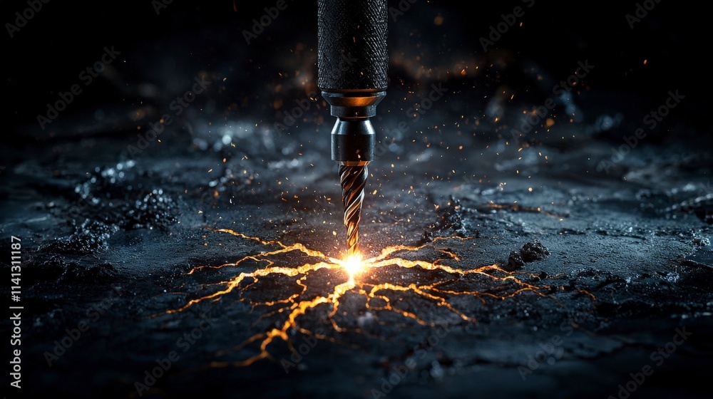 Poster precision drilling action industrial workshop visual content dark environment close-up viewpoint dyn