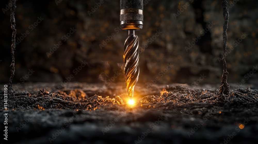 Poster High-power drill illuminating surface workshop action shot industrial setting close-up tool dynamics