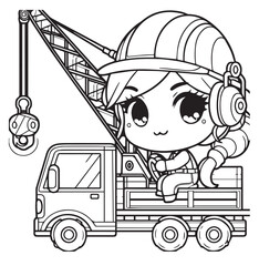 Cute girl constructor with big truck coloring page design  © agus