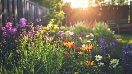 Obraz premium Vibrant sunset illuminates colorful flowers in a lush garden.