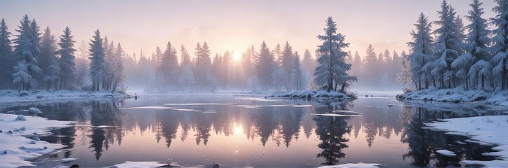 Fototapeta premium Frosty morning landscape with snow-covered trees and a frozen lake , frost, forest, snowflake