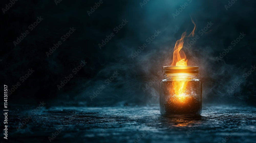 Poster glowing jar flames emerge from a radiant lid mystical setting captivating visuals close-up view enig