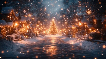Christmas Illumination in a Winter Street Scene with a Beautifully Decorated Tree and Gentle Snowfall