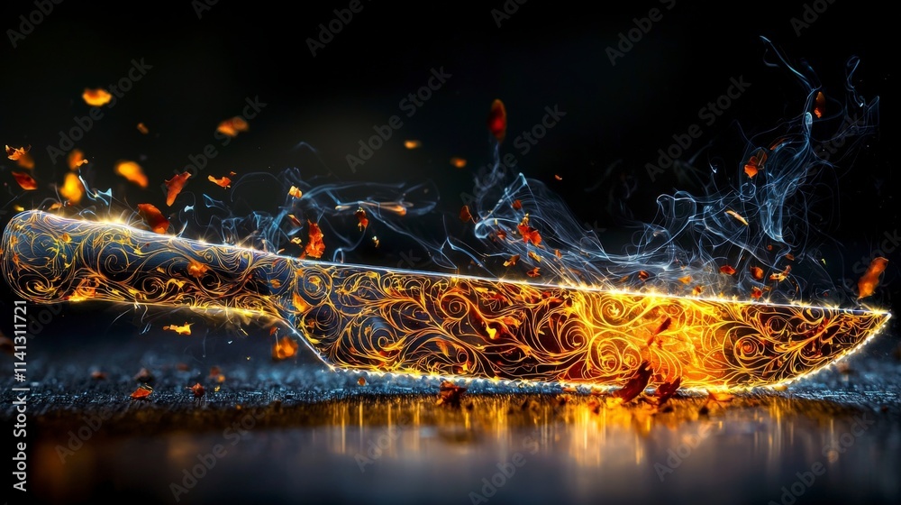 Poster Intricate patterns carved by a luminous butter knife kitchen digital art dark environment macro view creative concept