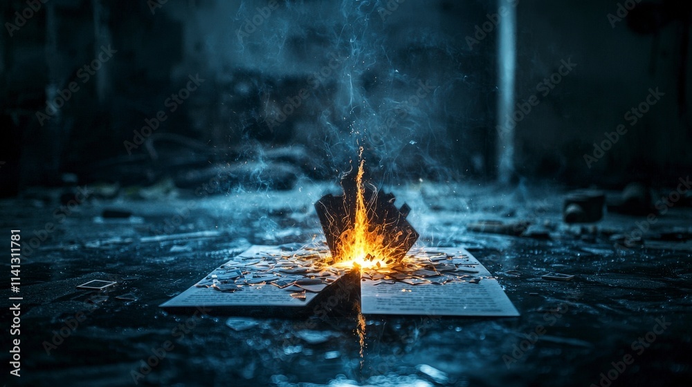 Leinwandbilder Dynamic paper cutter slicing through glowing pages in an abandoned space captivating visual art concept