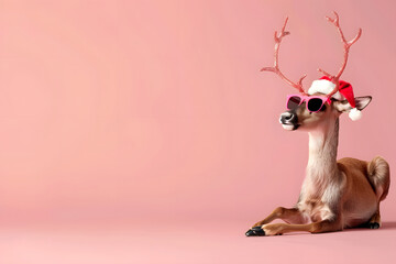 Reindeer on pink background with space for text