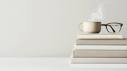 A stack of neutral-colored books with glasses and a steaming coffee cup on a white isolated background. The simple, clean design creates a warm and intellectual aesthetic, perfect for educational 