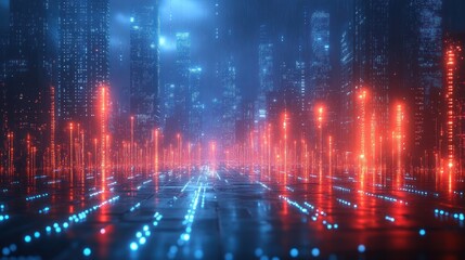 Futuristic Digital Security Concept Featuring Glowing Padlock in Cyberpunk Landscape