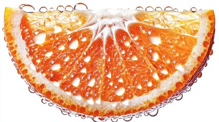 A stunning peeled orange segment with subtle water droplets isolated on a white background, showing its natural juicy texture, bright orange color, and soft white fibers. The clean layout enhances 