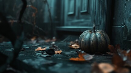 Weathered Pumpkin on Doorstep Surrounded by Leaves