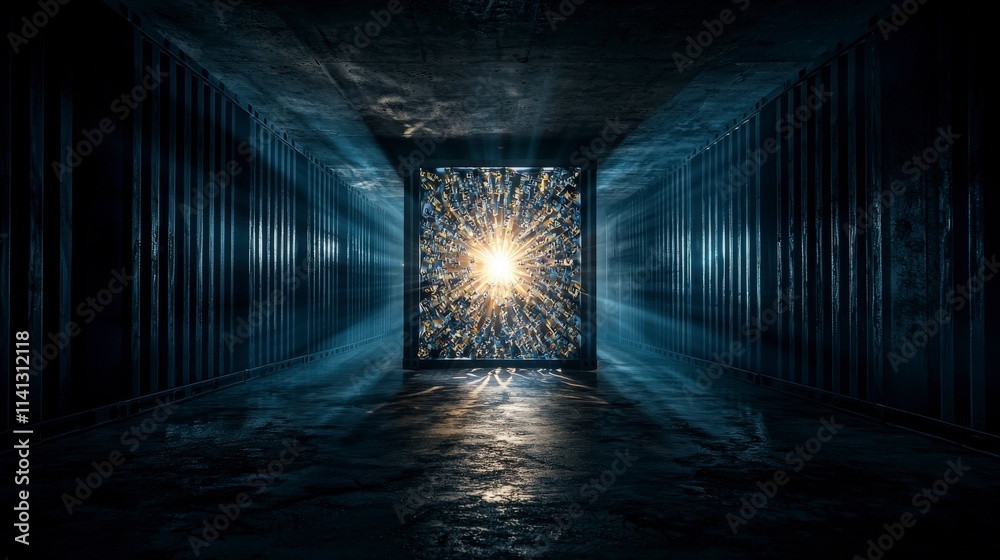 Poster surreal container radiating inner light dark industrial setting digital art enigmatic perspective cr