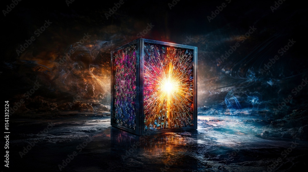Poster surreal light-radiating container cosmic landscape digital art mystical environment low angle concep