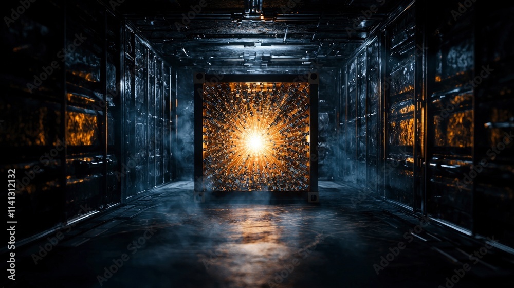 Poster Mystical environment with surreal light emanating from a container in an industrial abstract digital art perspective