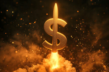 A glittering dollar sign launching like a rocket, symbolizing financial growth and explosive wealth.