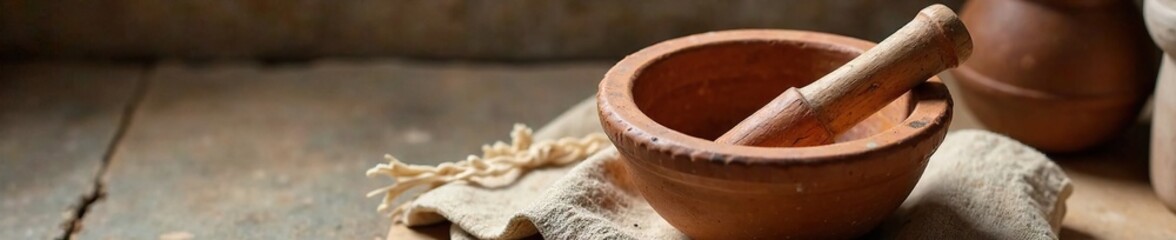 Handmade clay mortar with wooden pestle on stone surface, mortar, cloth, handmade